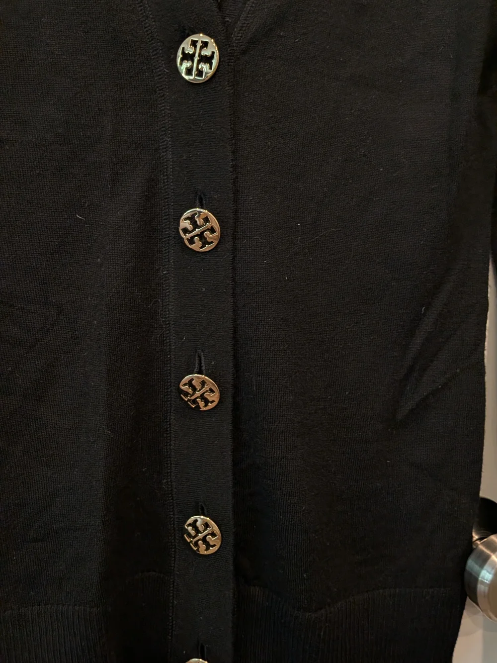 Tory Burch Black V-Neck Button-Front Cardigan with Gold Buttons